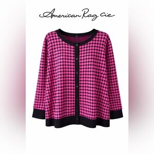 American Rag Cie Pink Polka Dot Cardigan | Black Trim | 2X